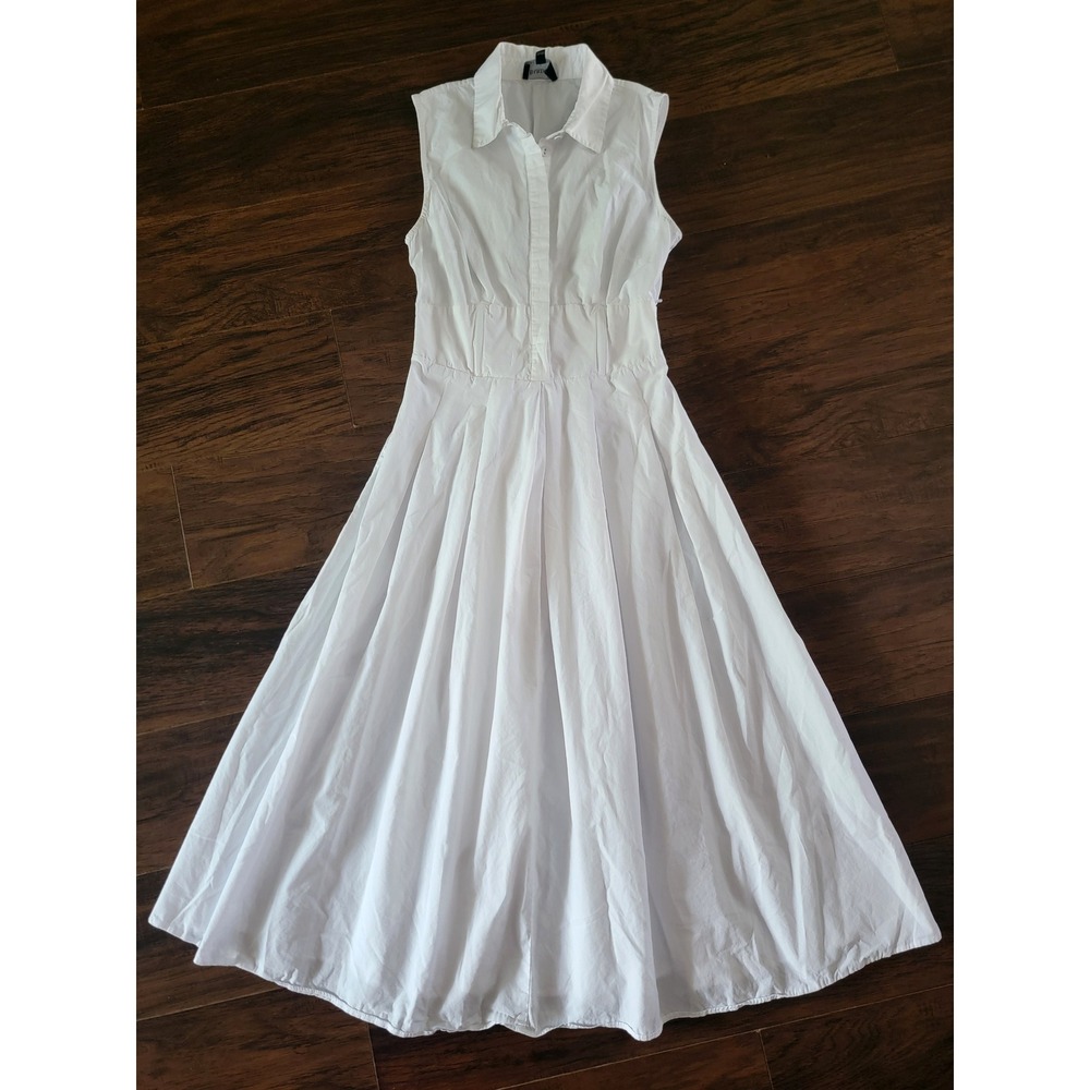 Bardot White Cotton A-Line Sleeveless Shirt Midi Dress Pleated Collared Small